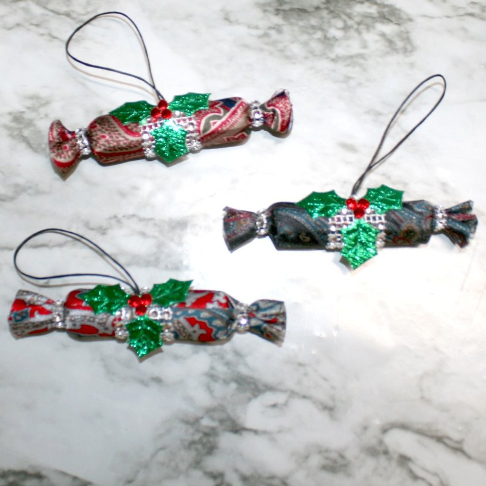 UPCYLCED Necktie Ornament Christmas Candy Roll Hand Crafted Red Neck Tie Set